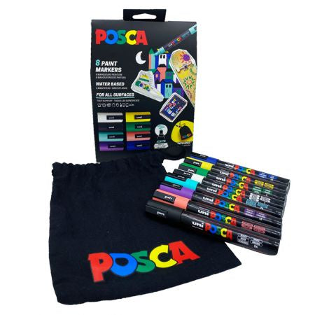 Marker varf 1.8-2.5 mm UNI Posca PC-5M, 8 buc/set, saculet textil